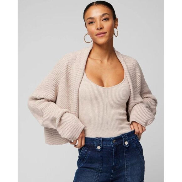 White House Black Market Size M Oatmeal Tan Cashmere Blend Rib Cocoon‎ Cardigan - Picture 4 of 9